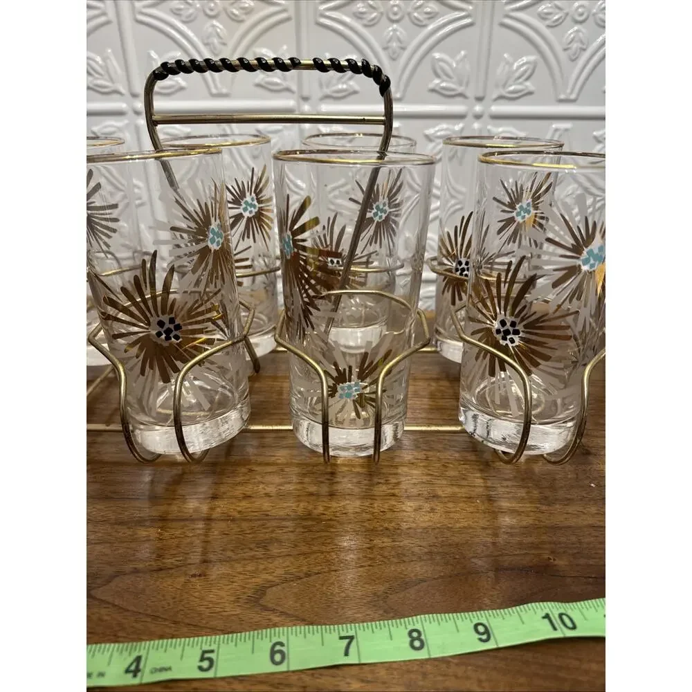 VTG Libbey MCM Party time Atomic Firework Glasses Set Of 7 & Rack Holder